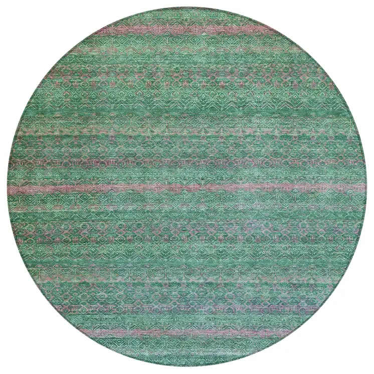 8' Green And Blush Round Striped Washable Indoor Outdoor Area Rug