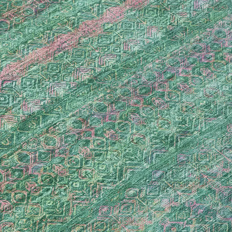 8' Green And Blush Round Striped Washable Indoor Outdoor Area Rug
