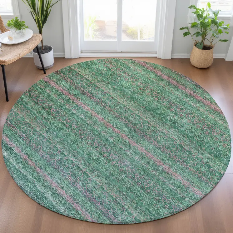 8' Green And Blush Round Striped Washable Indoor Outdoor Area Rug