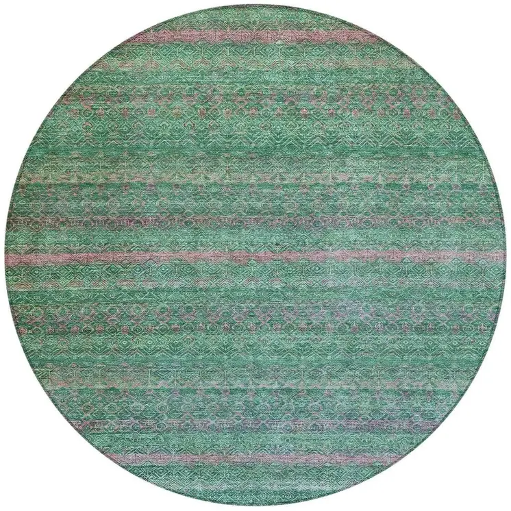 8' Green And Blush Round Striped Washable Indoor Outdoor Area Rug