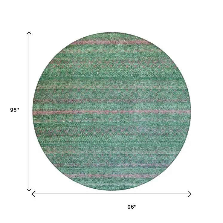 8' Green And Blush Round Striped Washable Indoor Outdoor Area Rug