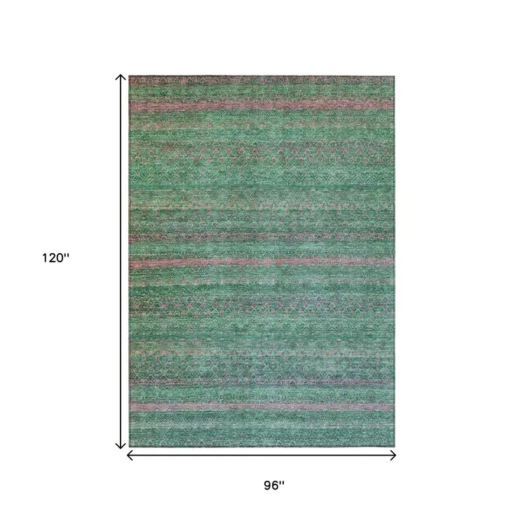 8' X 10' Green And Blush Striped Washable Indoor Outdoor Area Rug