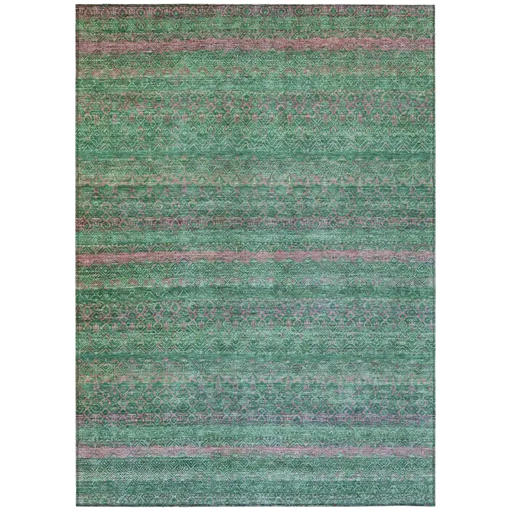 8' X 10' Green And Blush Striped Washable Indoor Outdoor Area Rug