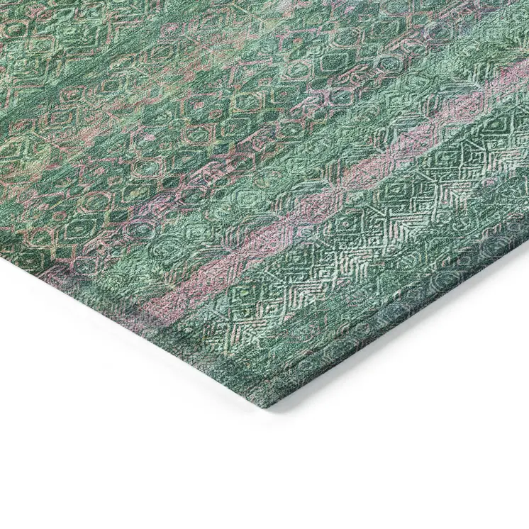 8' X 10' Green And Blush Striped Washable Indoor Outdoor Area Rug