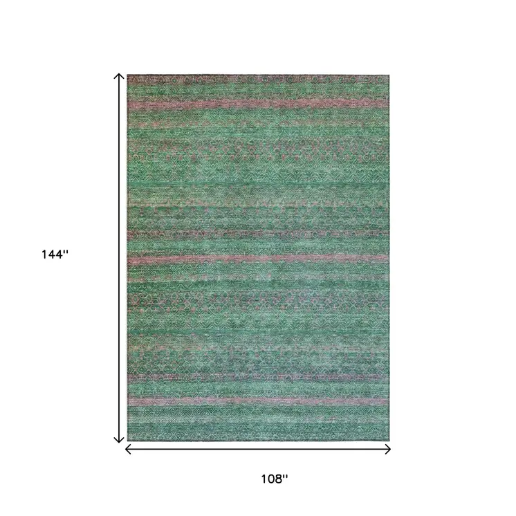 9' X 12' Green And Blush Striped Washable Indoor Outdoor Area Rug