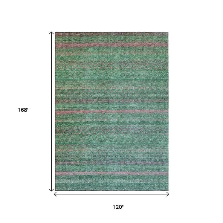 10' X 14' Green And Blush Striped Washable Indoor Outdoor Area Rug
