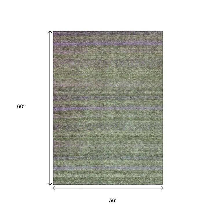 3' X 5' Olive Green And Purple Striped Washable Indoor Outdoor Area Rug