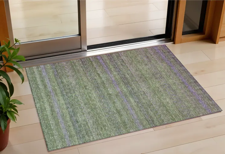 3' X 5' Olive Green And Purple Striped Washable Indoor Outdoor Area Rug