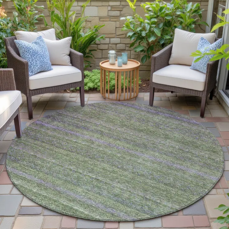 8' Olive Green And Purple Round Striped Washable Indoor Outdoor Area Rug