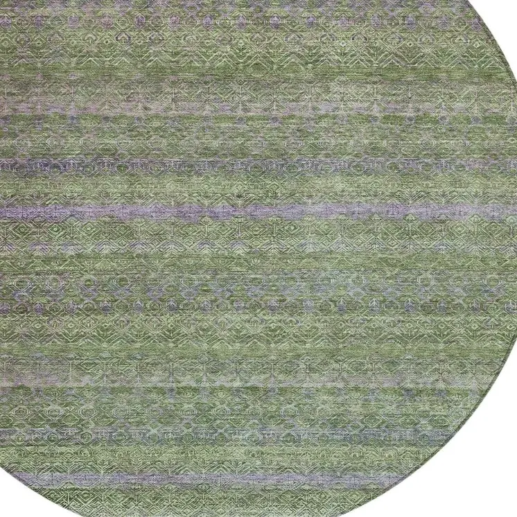 8' Olive Green And Purple Round Striped Washable Indoor Outdoor Area Rug