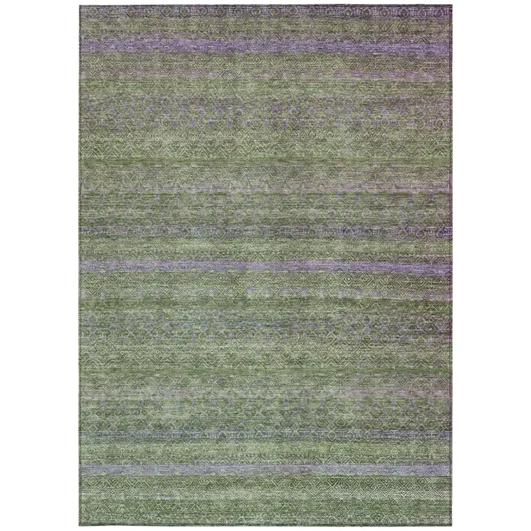 8' X 10' Olive Green And Purple Striped Washable Indoor Outdoor Area Rug