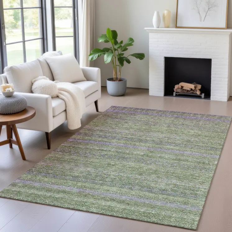 8' X 10' Olive Green And Purple Striped Washable Indoor Outdoor Area Rug