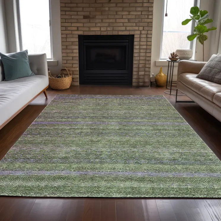 10' X 14' Olive Green And Purple Striped Washable Indoor Outdoor Area Rug