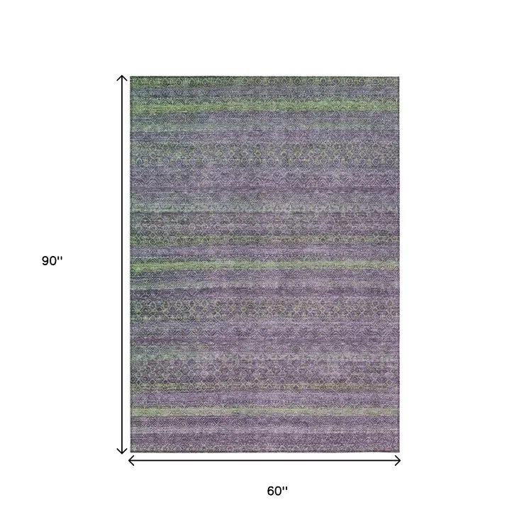 5' X 8' Purple And Lime Green Striped Washable Indoor Outdoor Area Rug