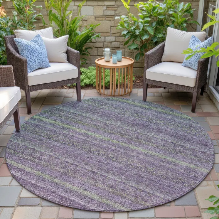 8' Purple And Lime Green Round Striped Washable Indoor Outdoor Area Rug