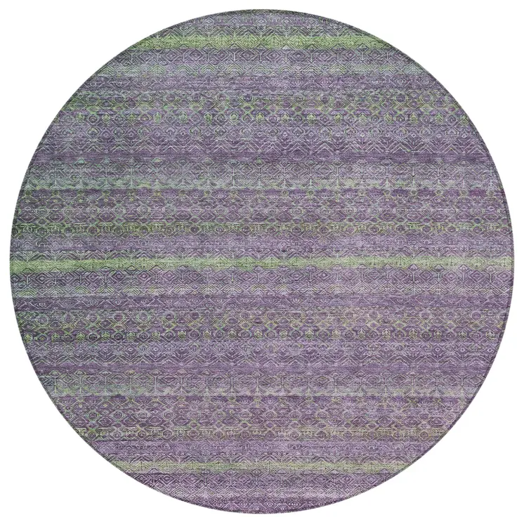 8' Purple And Lime Green Round Striped Washable Indoor Outdoor Area Rug