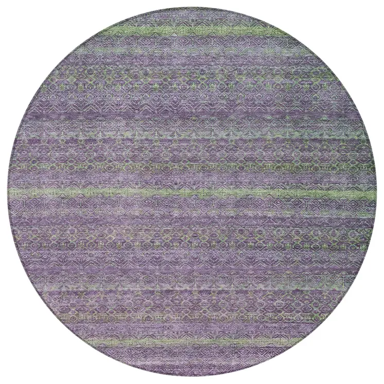 8' Purple And Lime Green Round Striped Washable Indoor Outdoor Area Rug