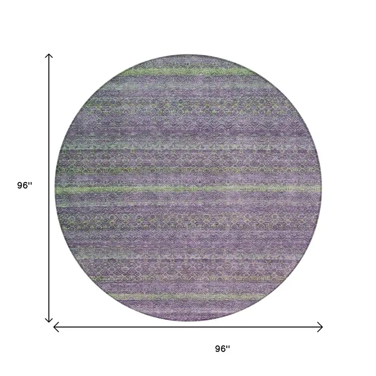 8' Purple And Lime Green Round Striped Washable Indoor Outdoor Area Rug