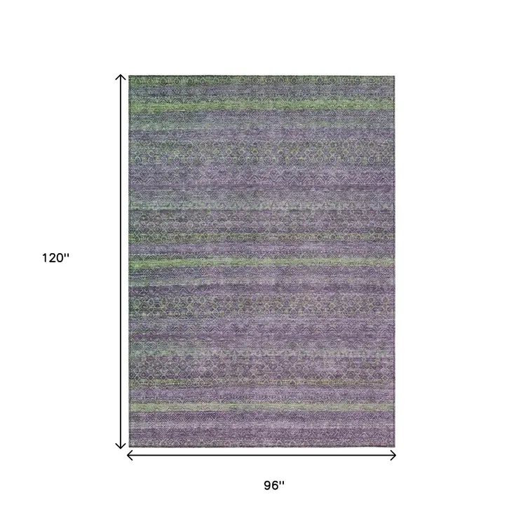 8' X 10' Purple And Lime Green Striped Washable Indoor Outdoor Area Rug