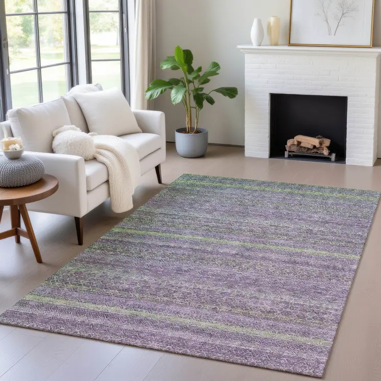 8' X 10' Purple And Lime Green Striped Washable Indoor Outdoor Area Rug