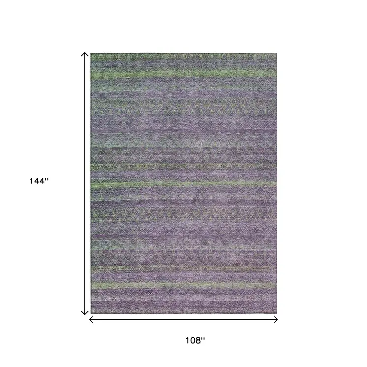 9' X 12' Purple And Lime Green Striped Washable Indoor Outdoor Area Rug