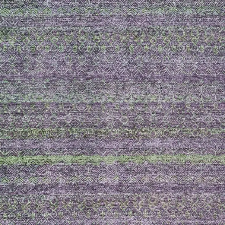 9' X 12' Purple And Lime Green Striped Washable Indoor Outdoor Area Rug