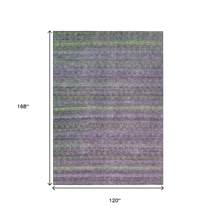 10' X 14' Purple And Lime Green Striped Washable Indoor Outdoor Area Rug