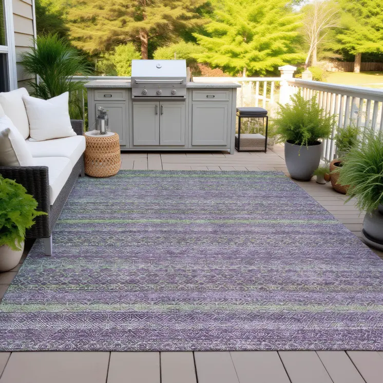 10' X 14' Purple And Lime Green Striped Washable Indoor Outdoor Area Rug
