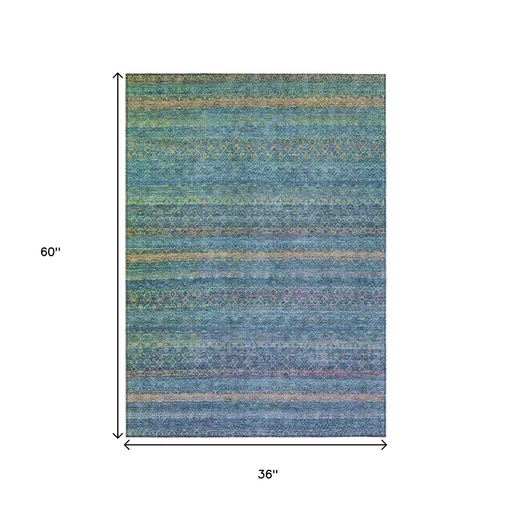 3' X 5' Teal Blue And Copper Striped Washable Indoor Outdoor Area Rug