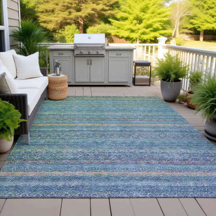 3' X 5' Teal Blue And Copper Striped Washable Indoor Outdoor Area Rug