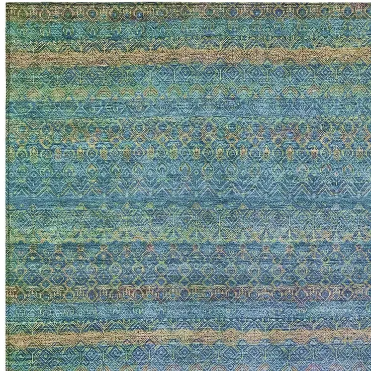 3' X 5' Teal Blue And Copper Striped Washable Indoor Outdoor Area Rug