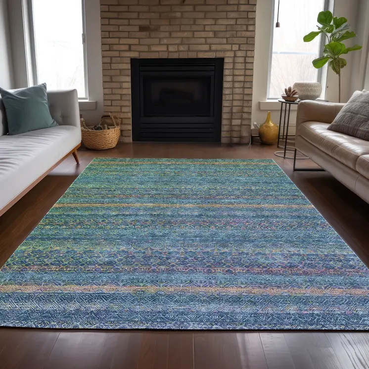 3' X 5' Teal Blue And Copper Striped Washable Indoor Outdoor Area Rug