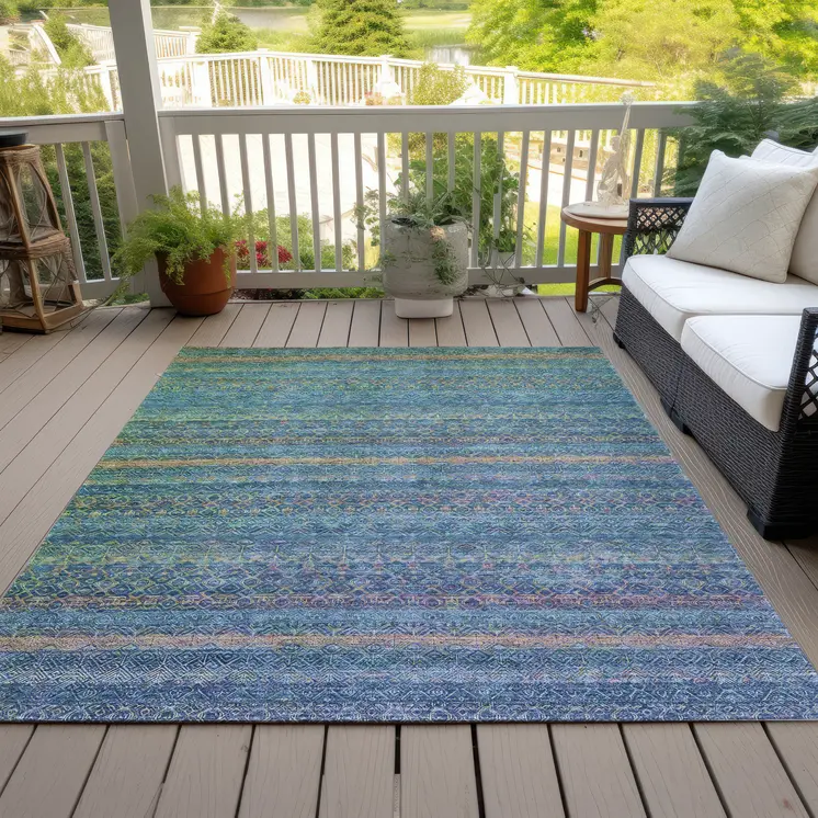 3' X 5' Teal Blue And Copper Striped Washable Indoor Outdoor Area Rug