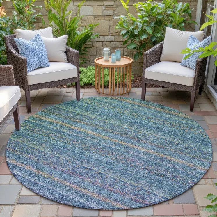 8' Teal Blue And Copper Round Striped Washable Indoor Outdoor Area Rug