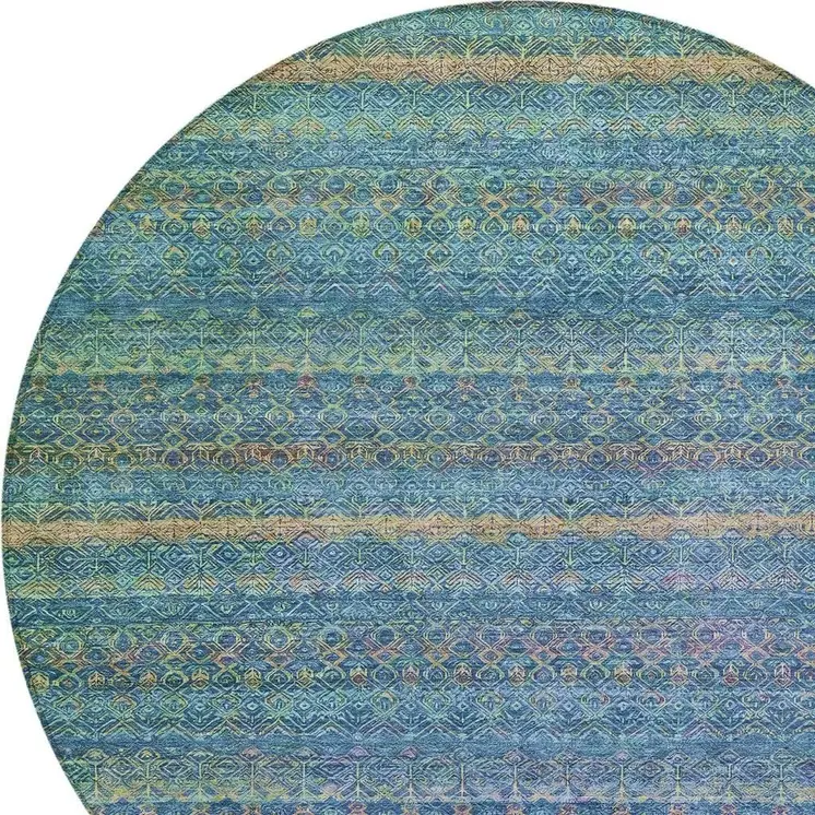8' Teal Blue And Copper Round Striped Washable Indoor Outdoor Area Rug