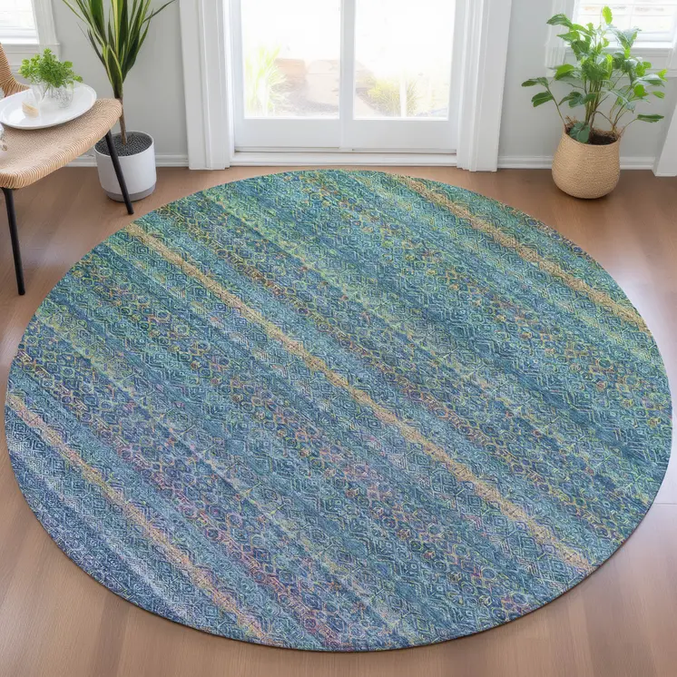 8' Teal Blue And Copper Round Striped Washable Indoor Outdoor Area Rug