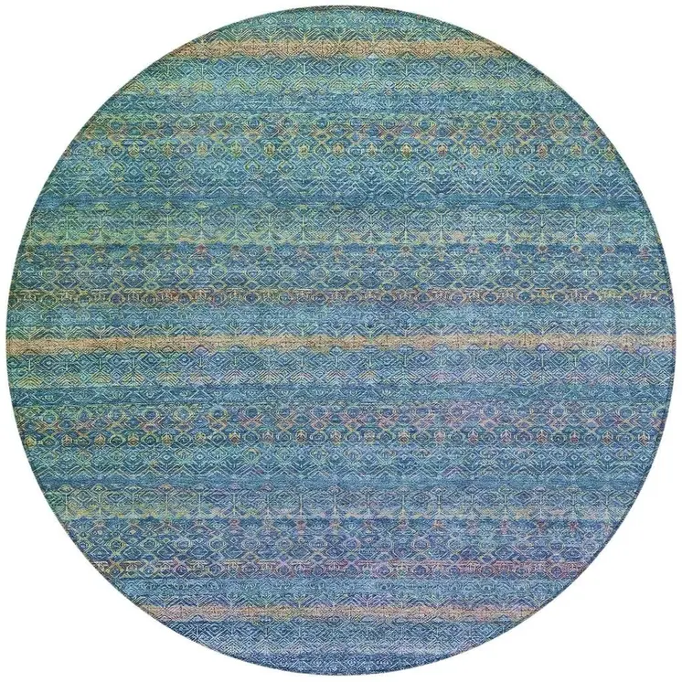 8' Teal Blue And Copper Round Striped Washable Indoor Outdoor Area Rug