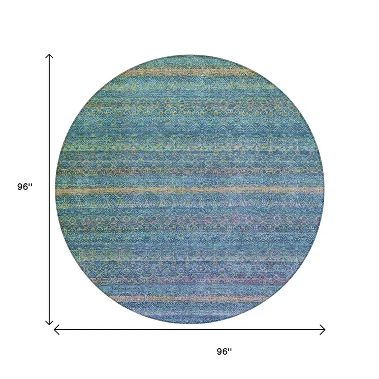 8' Teal Blue And Copper Round Striped Washable Indoor Outdoor Area Rug