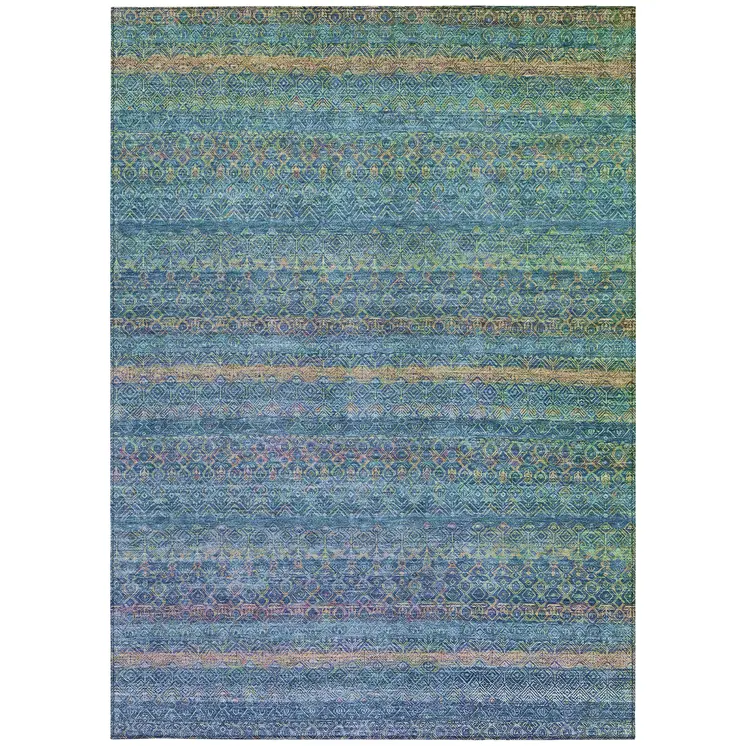 9' X 12' Teal Blue And Copper Striped Washable Indoor Outdoor Area Rug