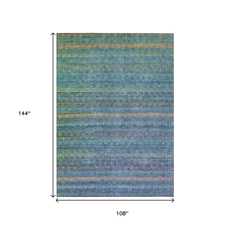 9' X 12' Teal Blue And Copper Striped Washable Indoor Outdoor Area Rug