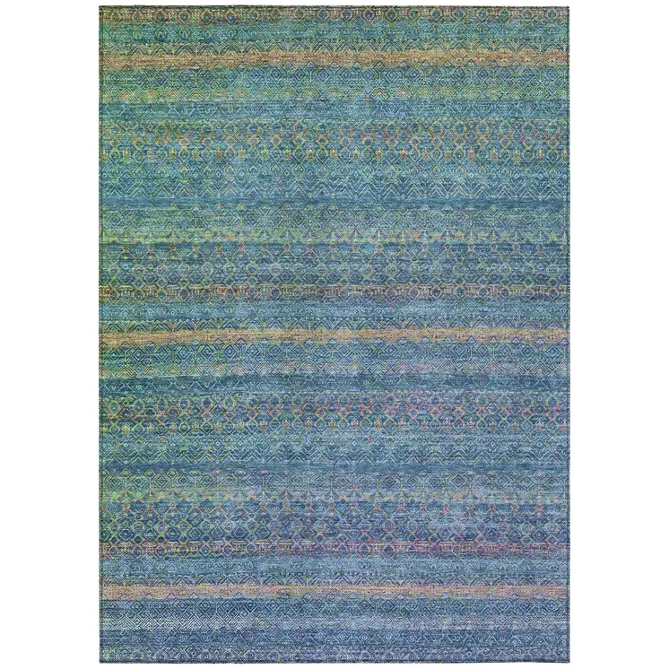 9' X 12' Teal Blue And Copper Striped Washable Indoor Outdoor Area Rug