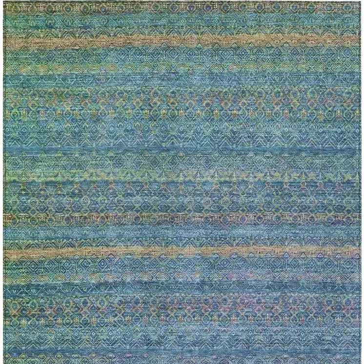 9' X 12' Teal Blue And Copper Striped Washable Indoor Outdoor Area Rug