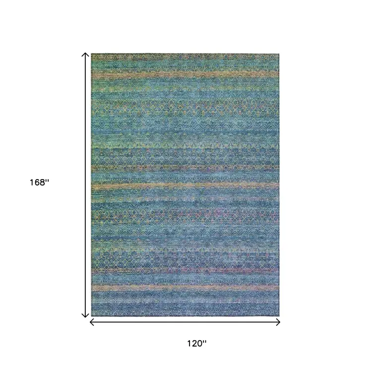 10' X 14' Teal Blue And Copper Striped Washable Indoor Outdoor Area Rug