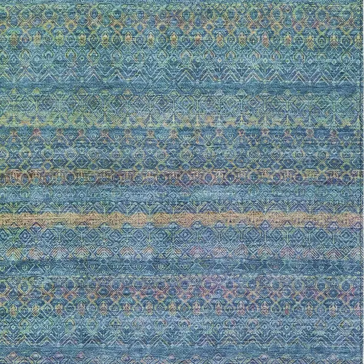 10' X 14' Teal Blue And Copper Striped Washable Indoor Outdoor Area Rug