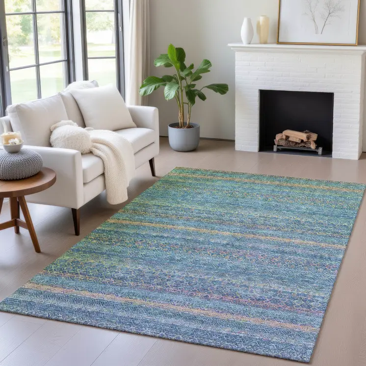 10' X 14' Teal Blue And Copper Striped Washable Indoor Outdoor Area Rug