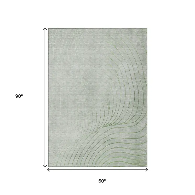 5' X 8' Artichoke Green And Silver Abstract Washable Indoor Outdoor Area Rug