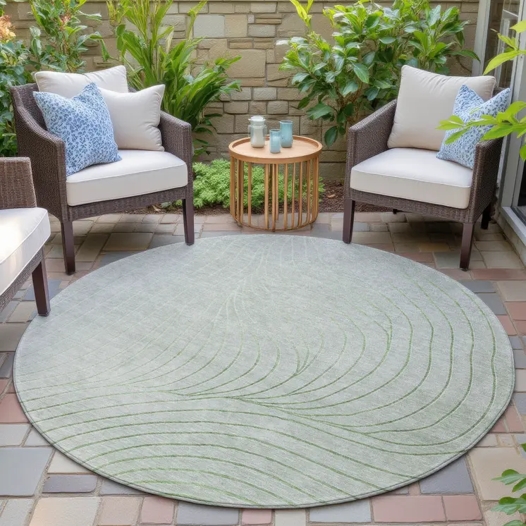 8' Artichoke Green And Silver Round Abstract Washable Indoor Outdoor Area Rug