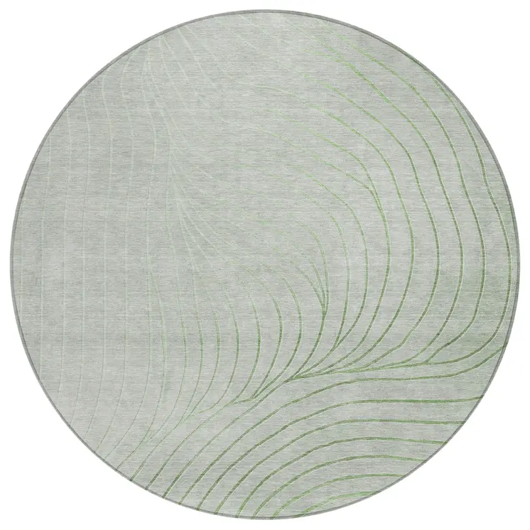 8' Artichoke Green And Silver Round Abstract Washable Indoor Outdoor Area Rug