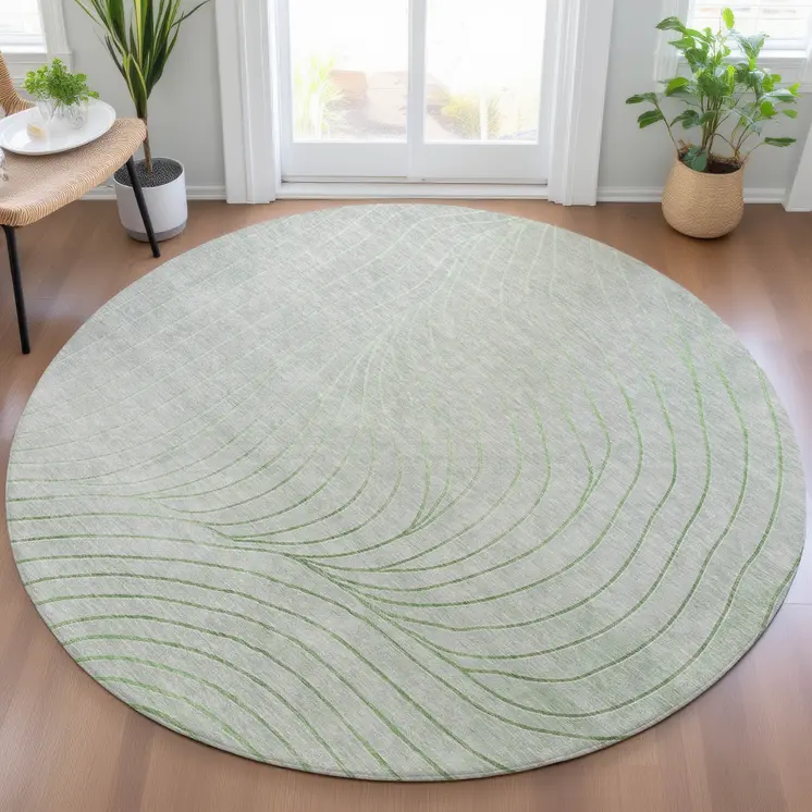 8' Artichoke Green And Silver Round Abstract Washable Indoor Outdoor Area Rug