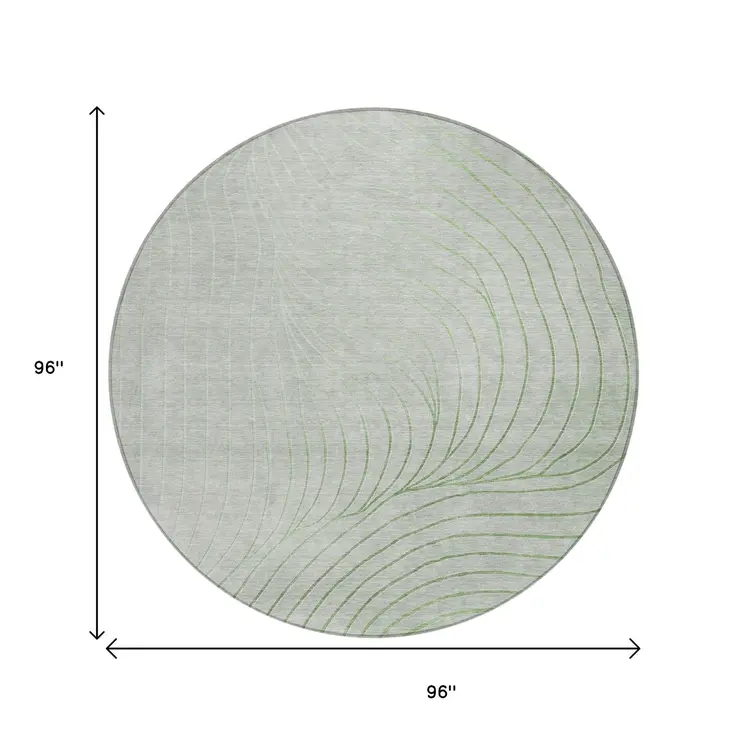 8' Artichoke Green And Silver Round Abstract Washable Indoor Outdoor Area Rug